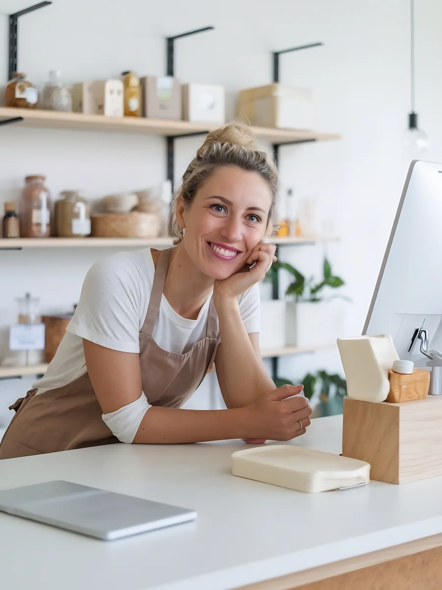 Comerciante en su tienda, sonriendo hacia la cámara